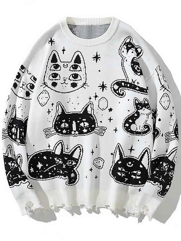 Men's Cartoon Cat Print Drop Shoulder Sweater, Loose Casual Long Sleeve Round Neck Jumper for Fall & Winter, Fashion Men's Knitwear for Daily Wear