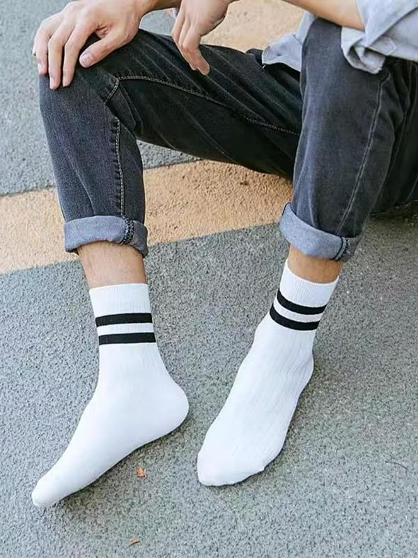 Men's Striped Print Crew Socks, Casual Comfortable Breathable Mid-calf Socks for Daily Wear, Summer Wear 2024, Multipack Knit Socks for Spring & Fall, Fall Wear