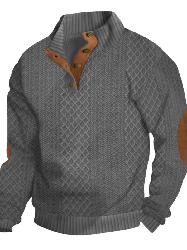 Men's Colorblock Patchwork Jacquard Button Front Sweater Sweatshirt, Regular Fit Casual Long Sleeve Stand Collar Knitted Sweatshirt for Fall & Winter, Fashion Knit Sweater Men's Knitwear for Daily Wear