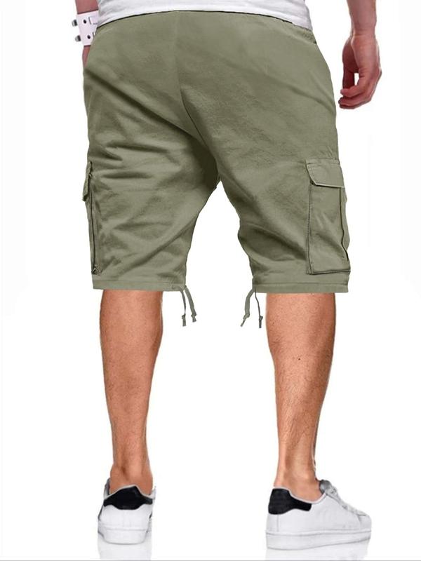 Men's Regular Fit Solid Patched Drawstring Waist Cargo Shorts, Casual Comfy Straight Leg Shorts for Summer, Streetwear Bottoms for Men, Men's Shorts, Plain Pocket Menswear