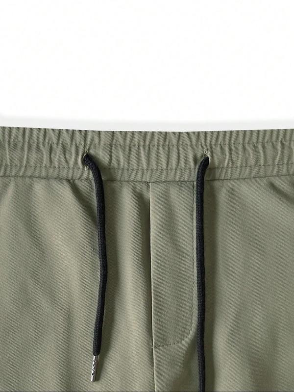 Men's Regular Fit Solid Patched Drawstring Waist Cargo Shorts, Casual Comfy Straight Leg Shorts for Summer, Streetwear Bottoms for Men, Men's Shorts, Plain Pocket Menswear