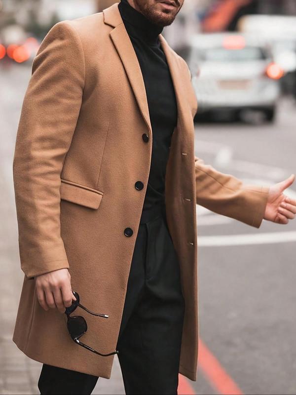 Men's Solid Button Front Lapel Midi Coat, Loose Casual Long Sleeve Outerwear for Fall & Winter, Men's Clothes for Daily Wear