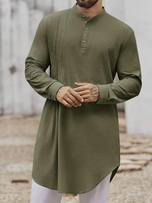 Men's Solid Button Front Pleated Shirt, Modest Casual Long Sleeve Mock Neck Tunic Shirt for Spring & Fall, Men's Clothing for Daily Wear