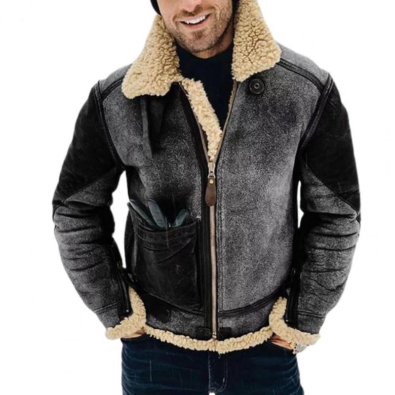 2022 men's Faux Leather Trendy Coat Winter Warm Wool Fur Shearling Jacket Thickened Lapel Casual Fashion Clothes