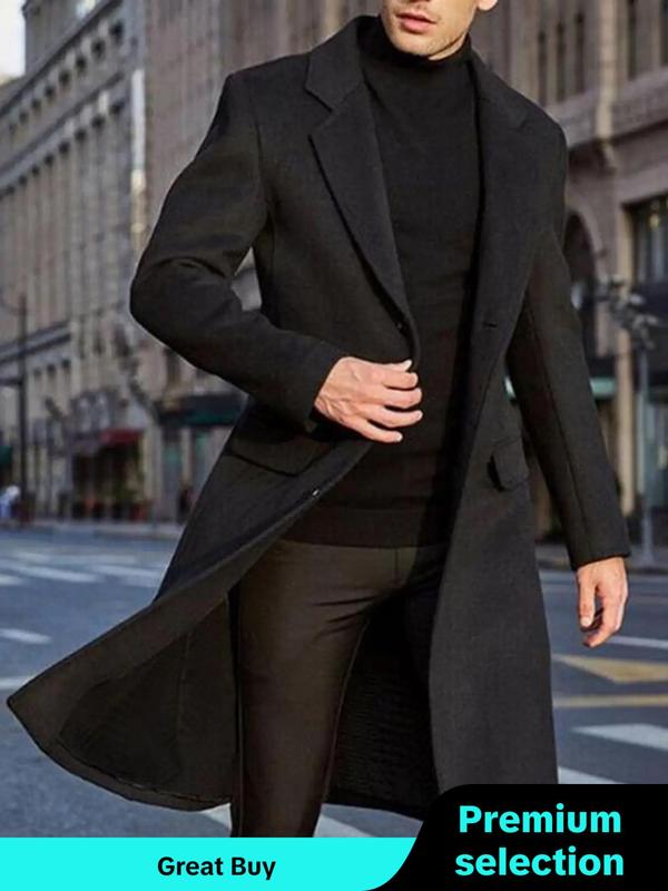 Men's Solid Button Front Lapel Midi Coat, Loose Casual Long Sleeve Outerwear for Fall & Winter, Men's Clothes for Daily Wear