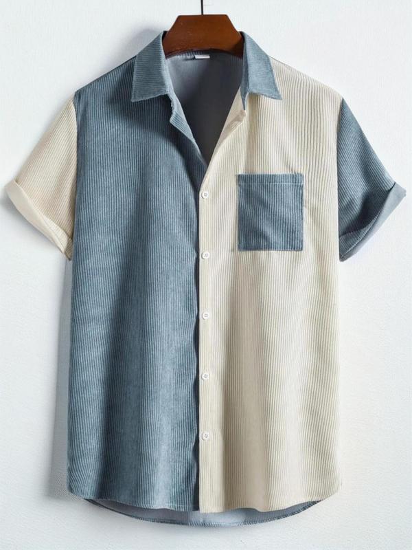 Men's Colorblock Pocket Button Front Corduroy Shirt, Summer Clothes, Boys Clothing, Streetwear Loose Short Sleeve Collared Shirt, Men's Top for Daily Wear, Summer Outfits 2024, Teacher Outfits, Shirts for Men