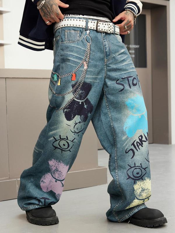 Men's Denim-Effect Print Pocket Button Zipper Wide Leg Pants, Street Fashion Casual Loose Trousers for Daily Wear, Men's Bottoms for All Seasons