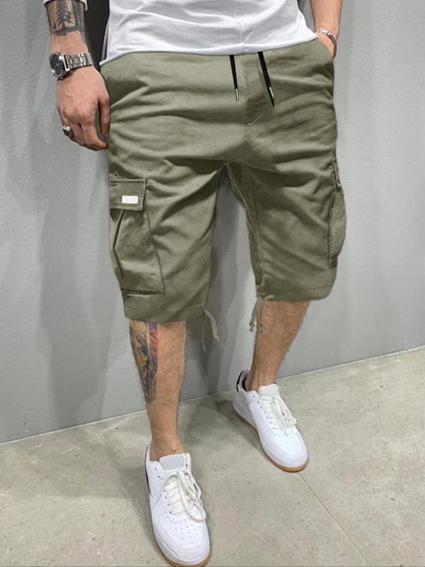 Men's Regular Fit Solid Patched Drawstring Waist Cargo Shorts, Casual Comfy Straight Leg Shorts for Summer, Streetwear Bottoms for Men, Men's Shorts, Plain Pocket Menswear