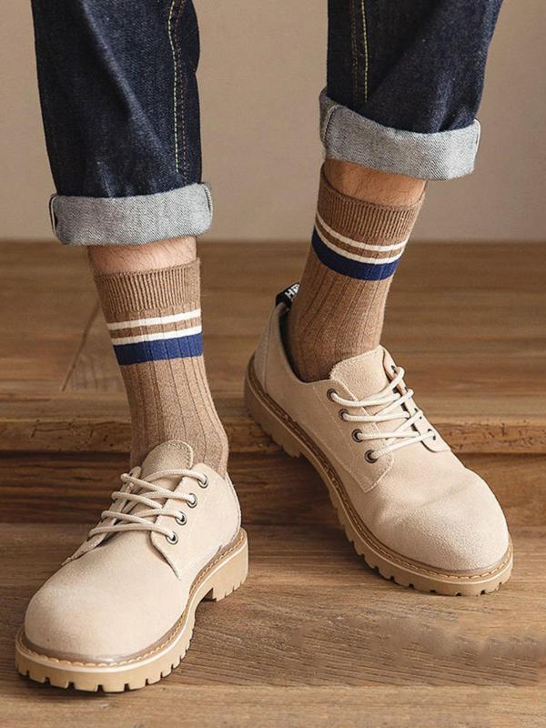 Men's Patchwork Striped Print Contrast Binding Crew Socks, Casual Comfy Breathable Mid-calf Socks for Daily Wear, Men's Socks for Spring & Fall