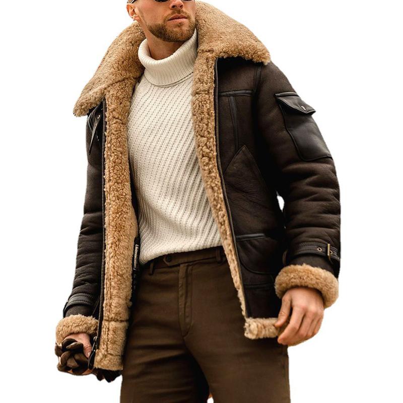 2022 men's Faux Leather Trendy Coat Winter Warm Wool Fur Shearling Jacket Thickened Lapel Casual Fashion Clothes