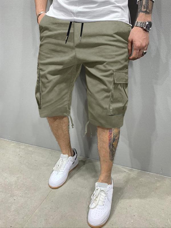 Men's Regular Fit Solid Patched Drawstring Waist Cargo Shorts, Casual Comfy Straight Leg Shorts for Summer, Streetwear Bottoms for Men, Men's Shorts, Plain Pocket Menswear