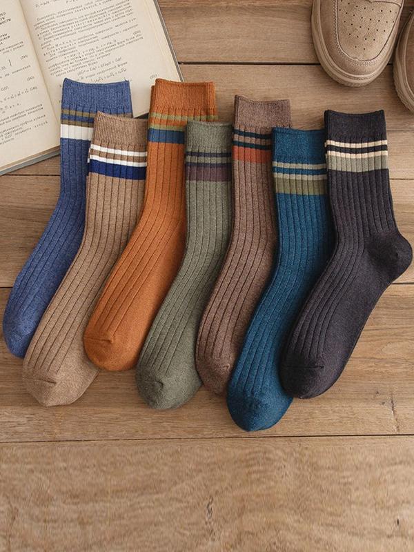 Men's Patchwork Striped Print Contrast Binding Crew Socks, Casual Comfy Breathable Mid-calf Socks for Daily Wear, Men's Socks for Spring & Fall