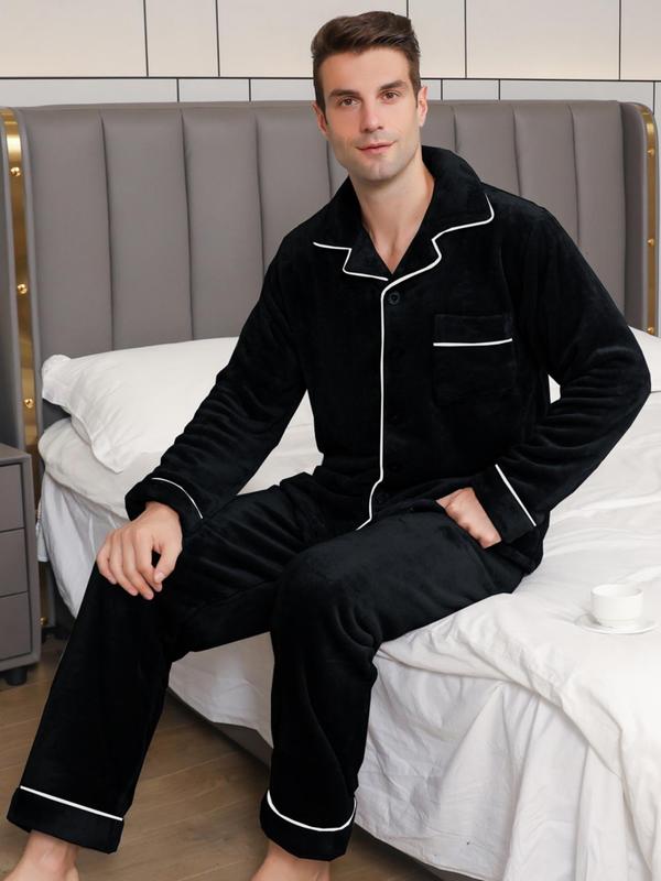 Men's Contrast Binding Pyjama Set, Loose Long Sleeve Button Front Lapel Shirt & Elastic Waist Pants Pj Set, Lounge Co-ord Set, Men's Sleepwear