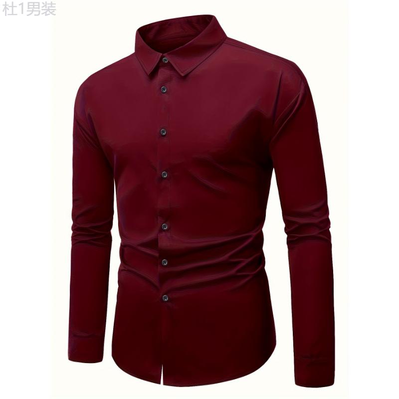 Men's Fashion Solid Burgundy Dress Shirt Polyester 100% Skinny Fit Long Sleeve All-Season Lapel Collar Button Detail Slight Stretch Woven Tuxedo Shirt