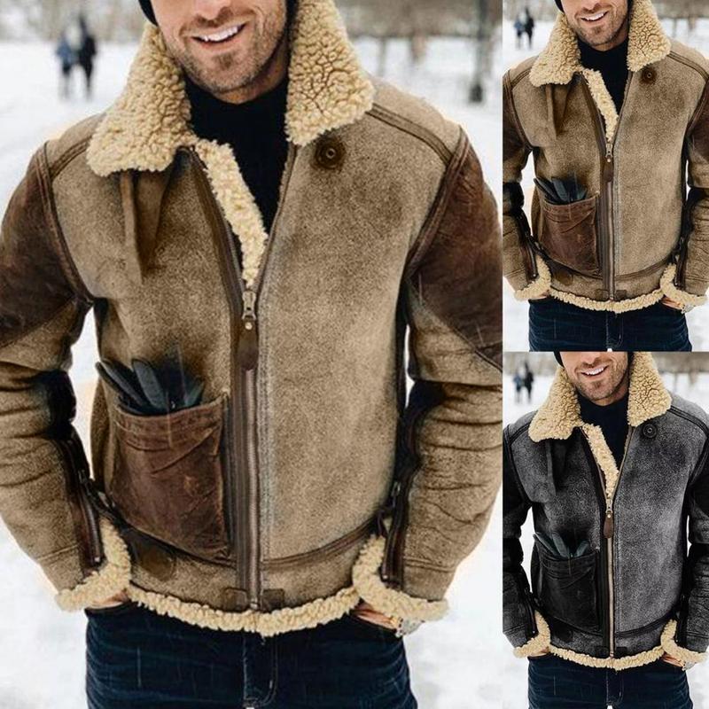 2022 men's Faux Leather Trendy Coat Winter Warm Wool Fur Shearling Jacket Thickened Lapel Casual Fashion Clothes