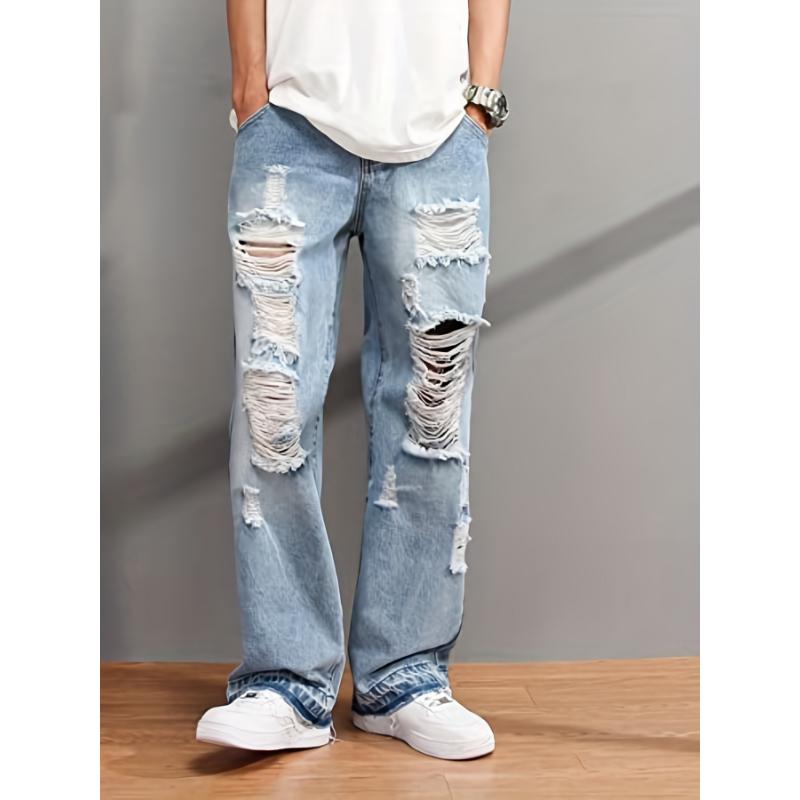 Breathable All-Season Ripped Jeans - Trendy, Loose Fit Cotton Denim with Easy Care and Button Fly for the Casual Man