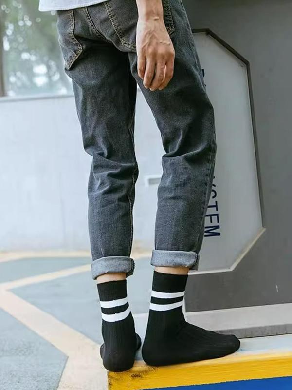 Men's Striped Print Crew Socks, Casual Comfortable Breathable Mid-calf Socks for Daily Wear, Summer Wear 2024, Multipack Knit Socks for Spring & Fall, Fall Wear