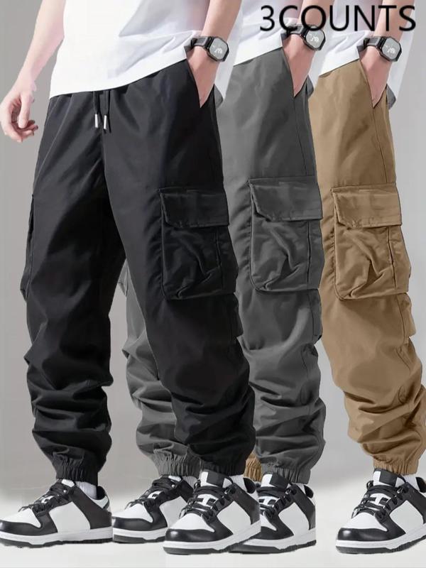 Men's Solid Color Flap Pocket Drawstring Waist Cargo Pants, 2000s Pants for Men, Casual Street Comfy Elastic Waist Trousers for Daily Wear, Men's Bottoms for Fall