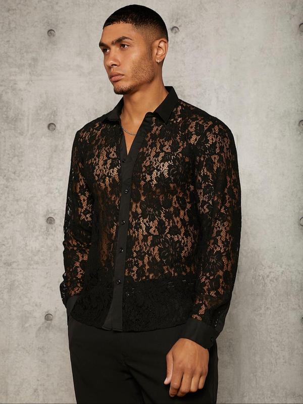 LGBTQ+ Men's Regular Fit Floral Lace Button Front Sheer Shirt, Casual Long Sleeve Collared Top for All Seasons, LGBT Outfits, Fashion Men's Clothes for Daily Wear