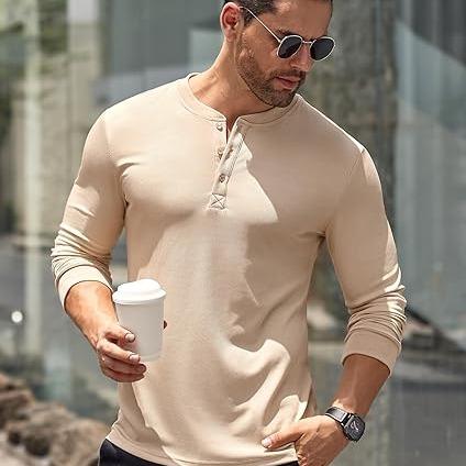 COOFANDY Chinos Menswear Long Sleeve Henley Shirts Stretch Ribbed Fashion Casual Basic Tops Classic Coat Collar Comfy Collar Comfy Fitted Formal