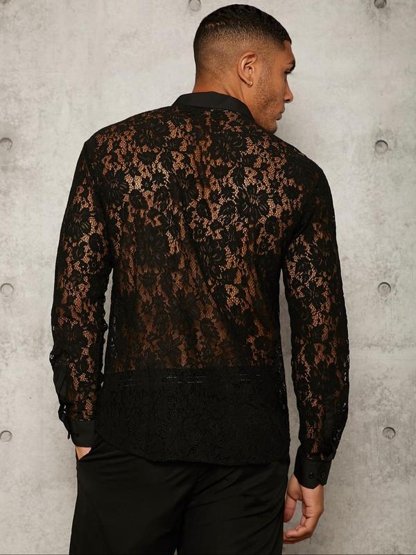 LGBTQ+ Men's Regular Fit Floral Lace Button Front Sheer Shirt, Casual Long Sleeve Collared Top for All Seasons, LGBT Outfits, Fashion Men's Clothes for Daily Wear