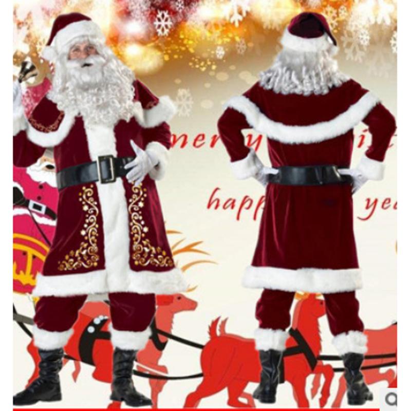 Christmas Santa Claus Costume Set, Hat+Shawl+Top Shirt +Loose Pants+Shoes+Gloves+Waist Belt, Deluxe Velvet Adult Kids Santa Suit