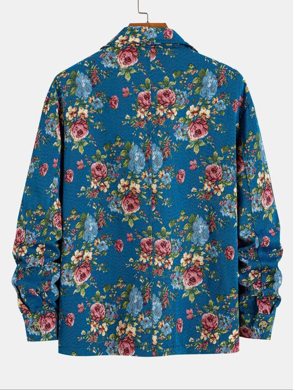 Men's Floral Print Button Zipper Jacket, Loose Casual Long Sleeve Collared Outerwear for Fall & Winter, Jackets for Men 2024, Men's Clothes for Daily Wear