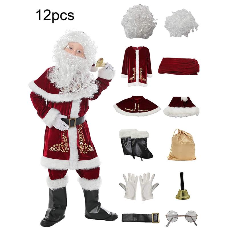 Christmas Santa Claus Costume Set, Hat+Shawl+Top Shirt +Loose Pants+Shoes+Gloves+Waist Belt, Deluxe Velvet Adult Kids Santa Suit