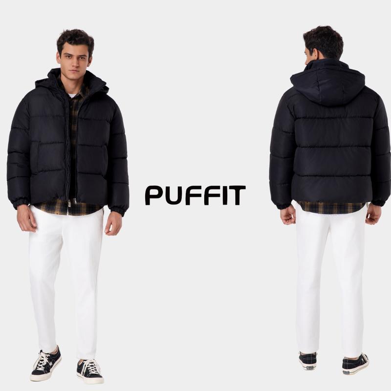 PUFFIT Men‘s Detachable Hooded Puffer Jacket, Winter Basic Warm Menswear Coat with Removable Hood Zip Deep Pockets