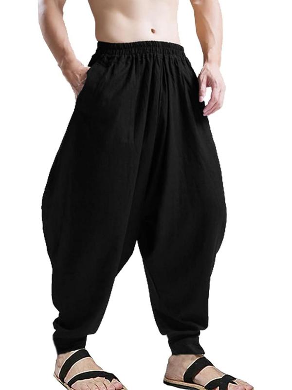 Men's Solid Drawstring Waist Harem Pants, Casual Loose Fit Pants for Spring & Fall, Men's Trousers for Daily Wear