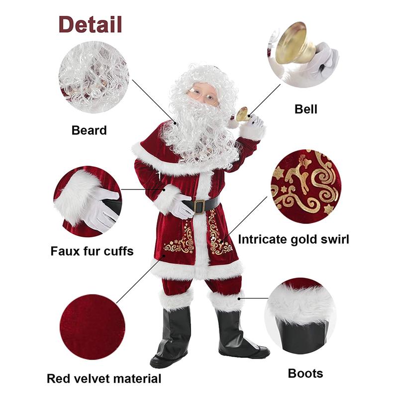 Christmas Santa Claus Costume Set, Hat+Shawl+Top Shirt +Loose Pants+Shoes+Gloves+Waist Belt, Deluxe Velvet Adult Kids Santa Suit