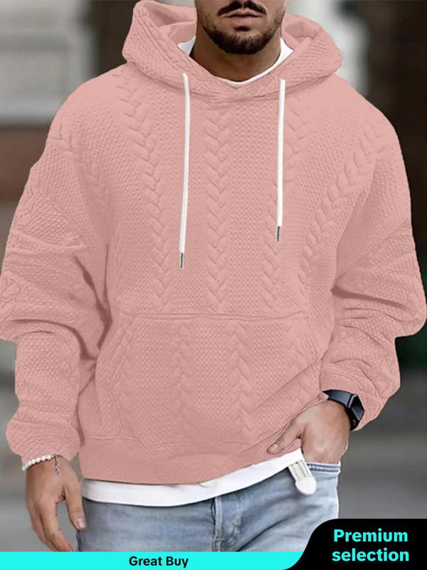 Men's Solid Textured Drawstring Hoodie, Casual Comfortable Fashion Loose Drop Shoulder Long Sleeve Hooded Sweatshirt for Fall & Winter, Men's Clothes for Daily Wear Poser Hoodie