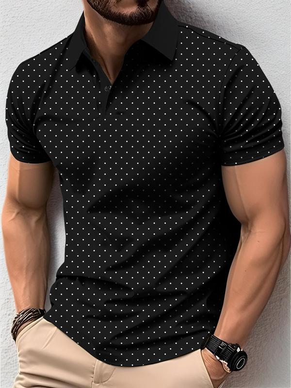 Men's Polka Dot Print Short Sleeve Back To School Polo Shirt, Men's Clothing Outfits, Casual Regular Fit Button Front Top for Summer, Fashion Men's Streetwear Clothes for Daily Wear