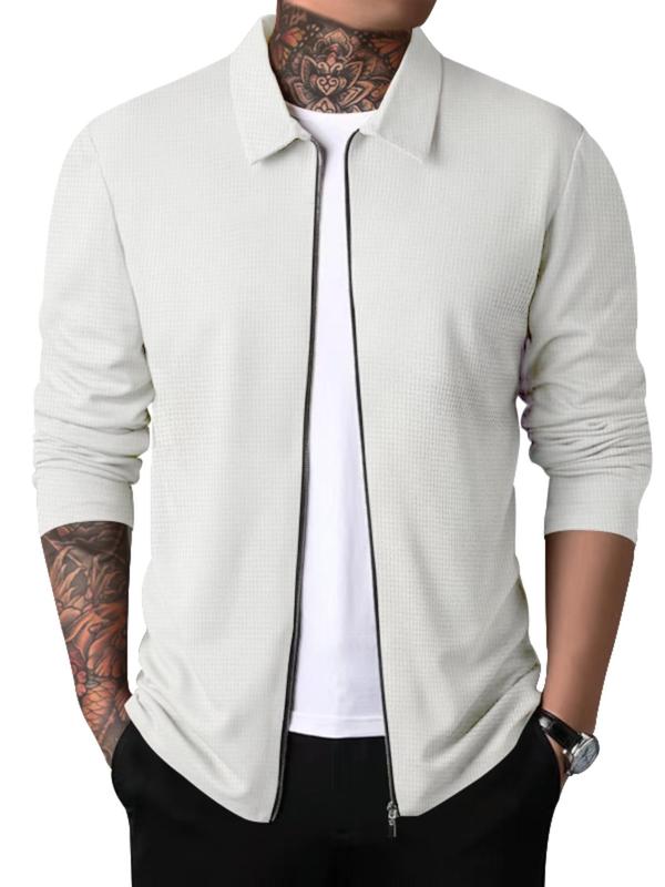 Men's Solid Color Zip Up Waffle Knit Jacket, Regular Fit Casual Long Sleeve Collared Outerwear for Fall & Winter, Men's Clothes for Daily Wear