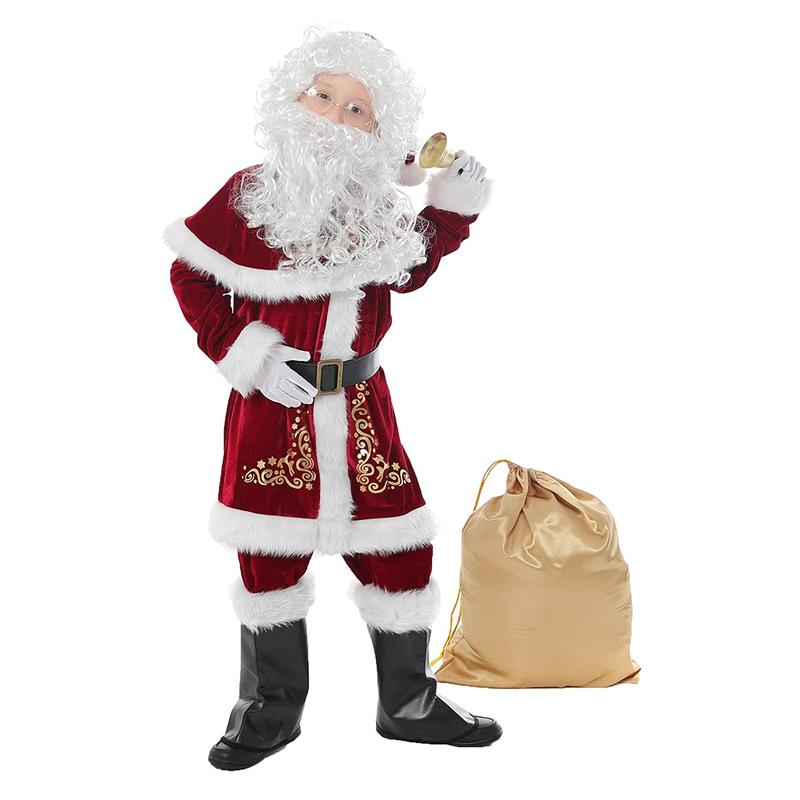 Christmas Santa Claus Costume Set, Hat+Shawl+Top Shirt +Loose Pants+Shoes+Gloves+Waist Belt, Deluxe Velvet Adult Kids Santa Suit