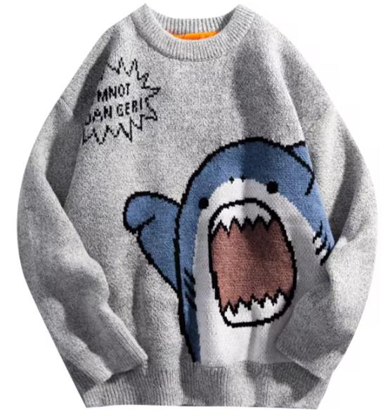 Shark Sweater Men Winter Cartoon Harajuku Korean Y2k Oversized Turtleneck Hip Hop Loose Knit Jumper Pullover High Collar Sweater