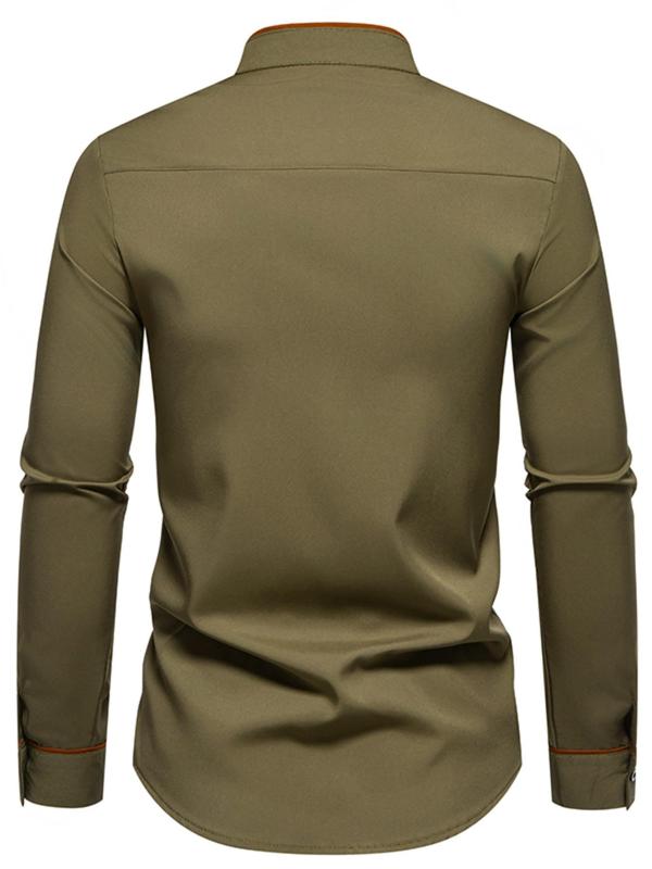 Men's Solid Color Stand Collar Button Front Shirt, Regular Fit Casual Long Sleeve Top for All Seasons, Men's Clothes for Daily Wear