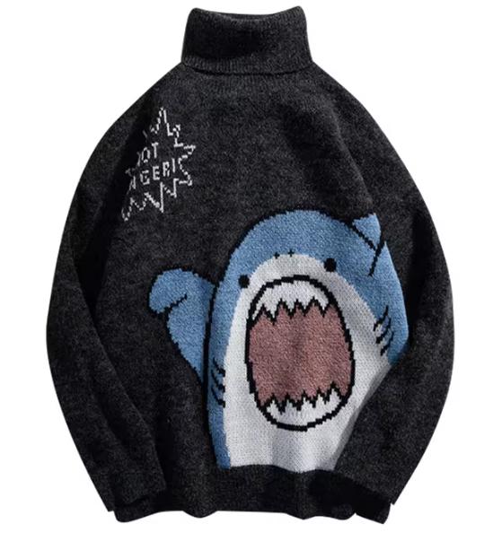 Shark Sweater Men Winter Cartoon Harajuku Korean Y2k Oversized Turtleneck Hip Hop Loose Knit Jumper Pullover High Collar Sweater