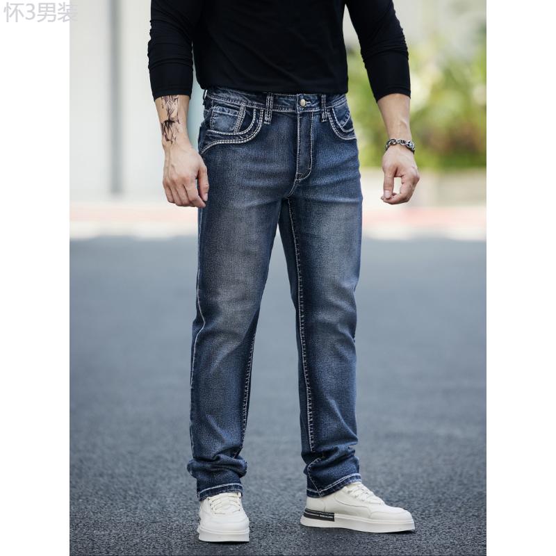 Men's Retro Style Denim Pants With Pockets, Vintage Bull Head Embroidered Design, Casual Fashion Wear For All Seasons Menswear Jean