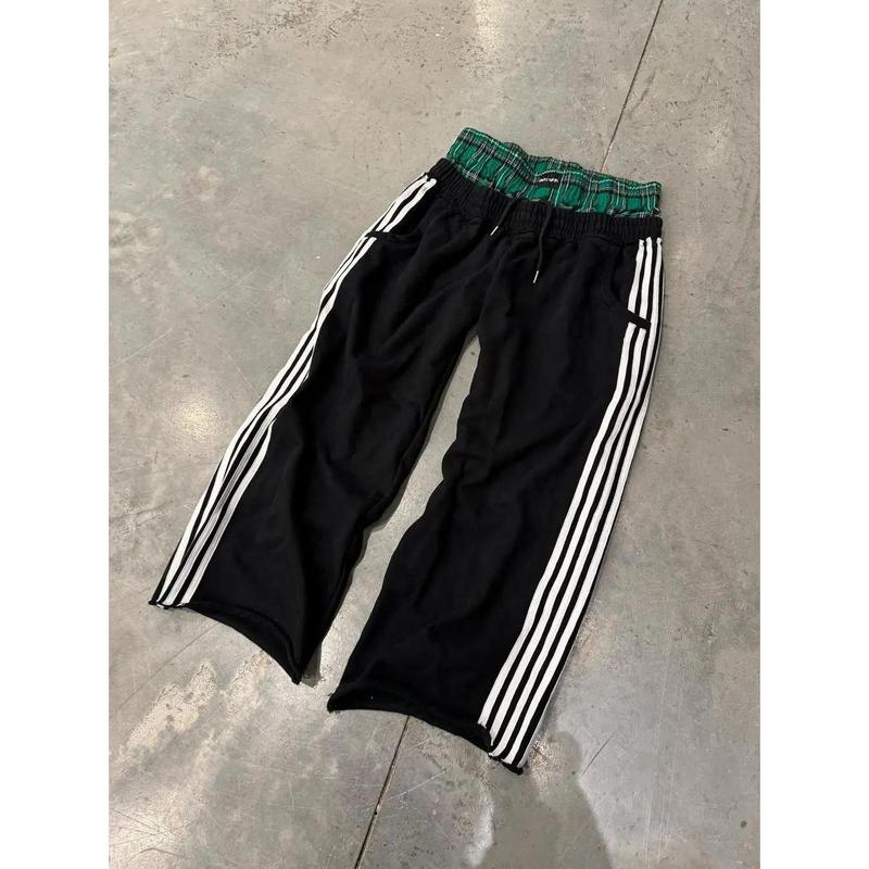 New Product Carnival]Casual Sweatpants Side Three Bars Splicing Plaid Comfortable Loose Wide Leg Straight Sweatpants Street Tide Menswear Man