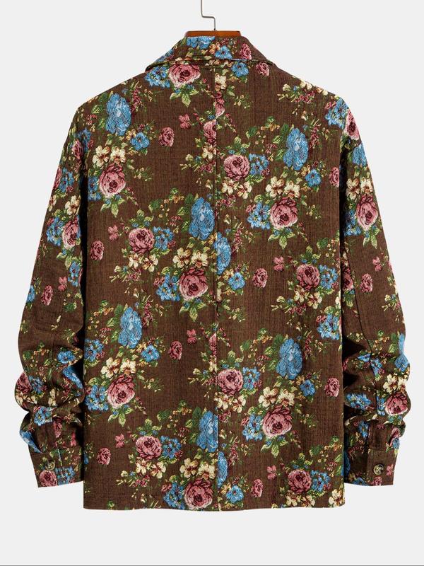 Men's Floral Print Button Zipper Jacket, Loose Casual Long Sleeve Collared Outerwear for Fall & Winter, Jackets for Men 2024, Men's Clothes for Daily Wear