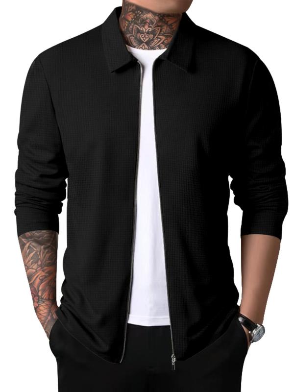 Men's Solid Color Zip Up Waffle Knit Jacket, Regular Fit Casual Long Sleeve Collared Outerwear for Fall & Winter, Men's Clothes for Daily Wear