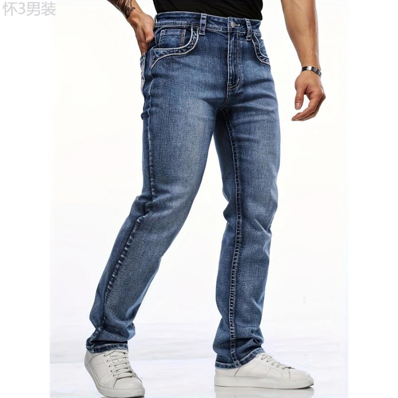 Men's Retro Style Denim Pants With Pockets, Vintage Bull Head Embroidered Design, Casual Fashion Wear For All Seasons Menswear Jean