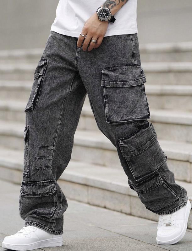 Men Loose Fit Wide Leg Jeans Multiple Utility Pockets, Casual Workwear viral pant trousers menswear Denim Stylish Stylish loose jean unisex jean