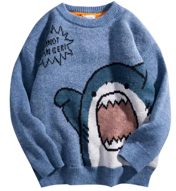 Shark Sweater Men Winter Cartoon Harajuku Korean Y2k Oversized Turtleneck Hip Hop Loose Knit Jumper Pullover High Collar Sweater