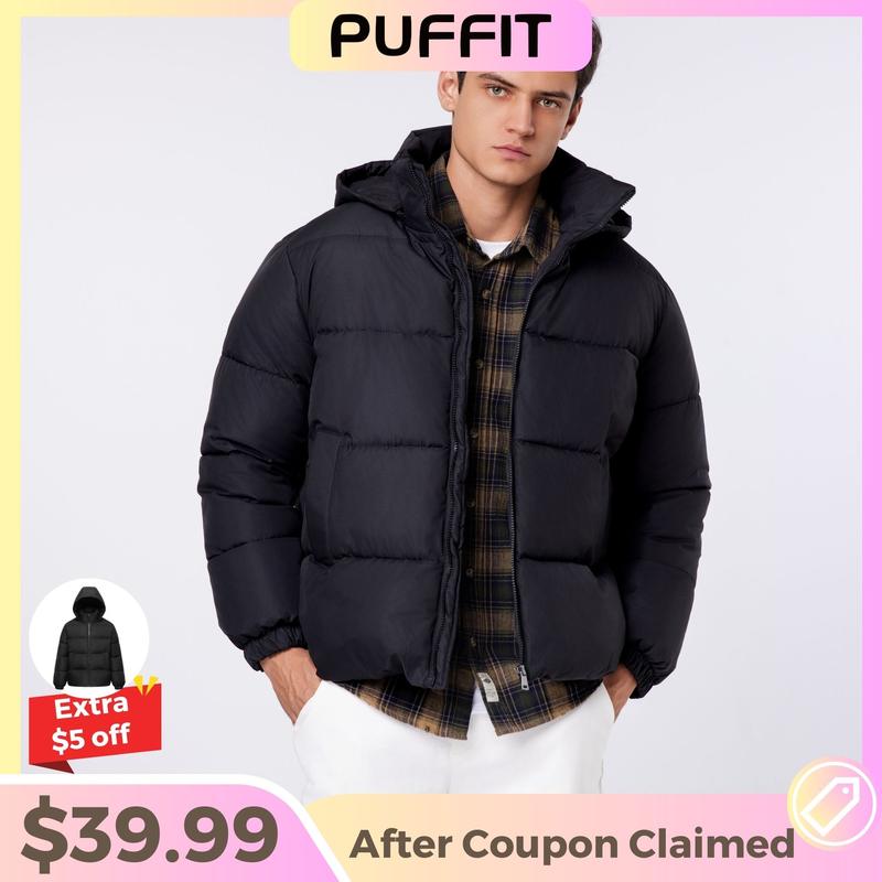 PUFFIT Men‘s Detachable Hooded Puffer Jacket, Winter Basic Warm Menswear Coat with Removable Hood Zip Deep Pockets