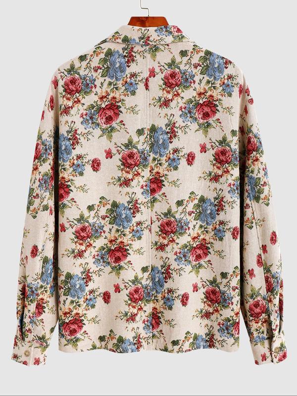 Men's Floral Print Button Zipper Jacket, Loose Casual Long Sleeve Collared Outerwear for Fall & Winter, Jackets for Men 2024, Men's Clothes for Daily Wear