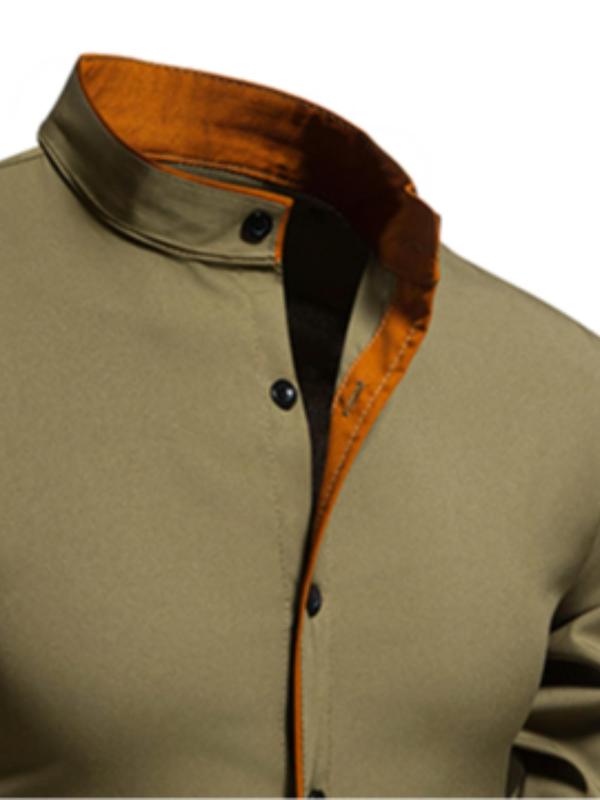 Men's Solid Color Stand Collar Button Front Shirt, Regular Fit Casual Long Sleeve Top for All Seasons, Men's Clothes for Daily Wear