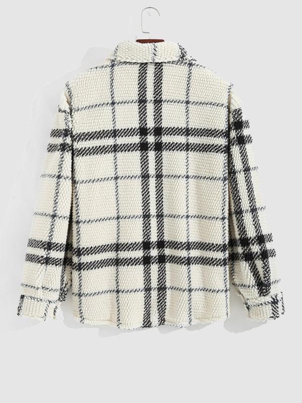 Men's Plaid Print Button Front Fleece Jacket, Regular Fit Casual Drop Shoulder Long Sleeve Outerwear for Fall & Winter, Men's Clothes for Daily Wear