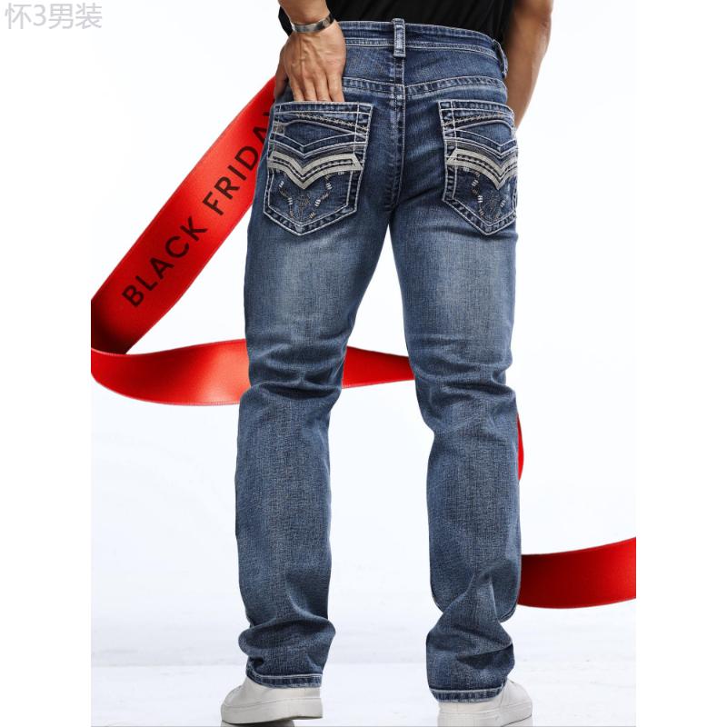 Men's Retro Style Denim Pants With Pockets, Vintage Bull Head Embroidered Design, Casual Fashion Wear For All Seasons Menswear Jean